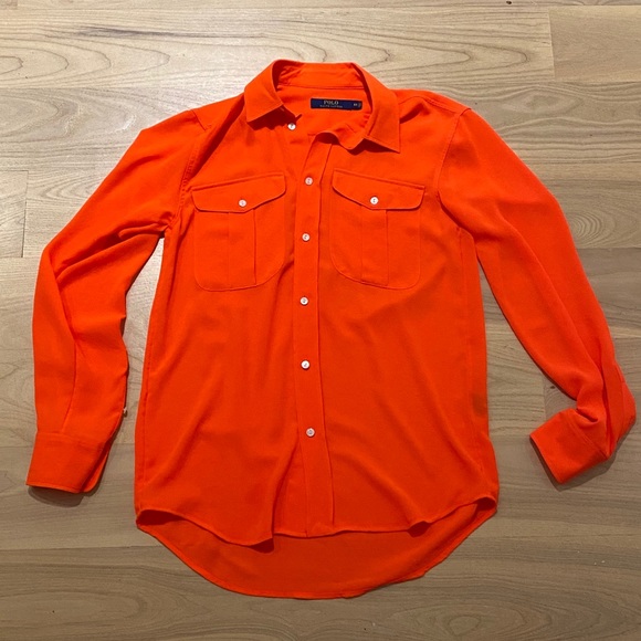 Polo RL Neon Orange Button Down Long Sleeve Blouse - Picture 3 of 8